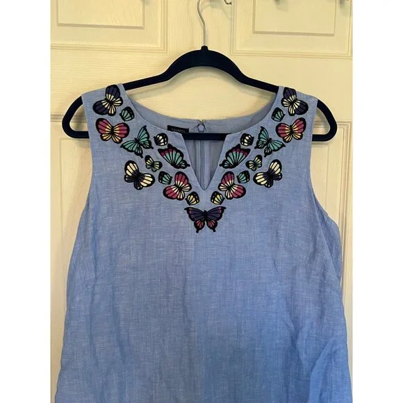 Talbots Embroidered Butterfly Blue Linen Blend Knee Length Dress 12 Sun Dress - Picture 2 of 10